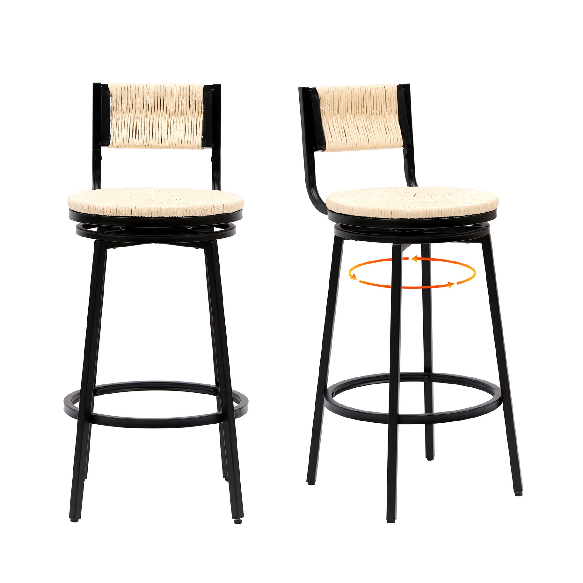Bar Stools Swivel Counter Chairs With Metal Frame (Set of 2) Hand Woven Paper Rope Dining Barstools For Kitchen Counter - Creamy White - Image 4