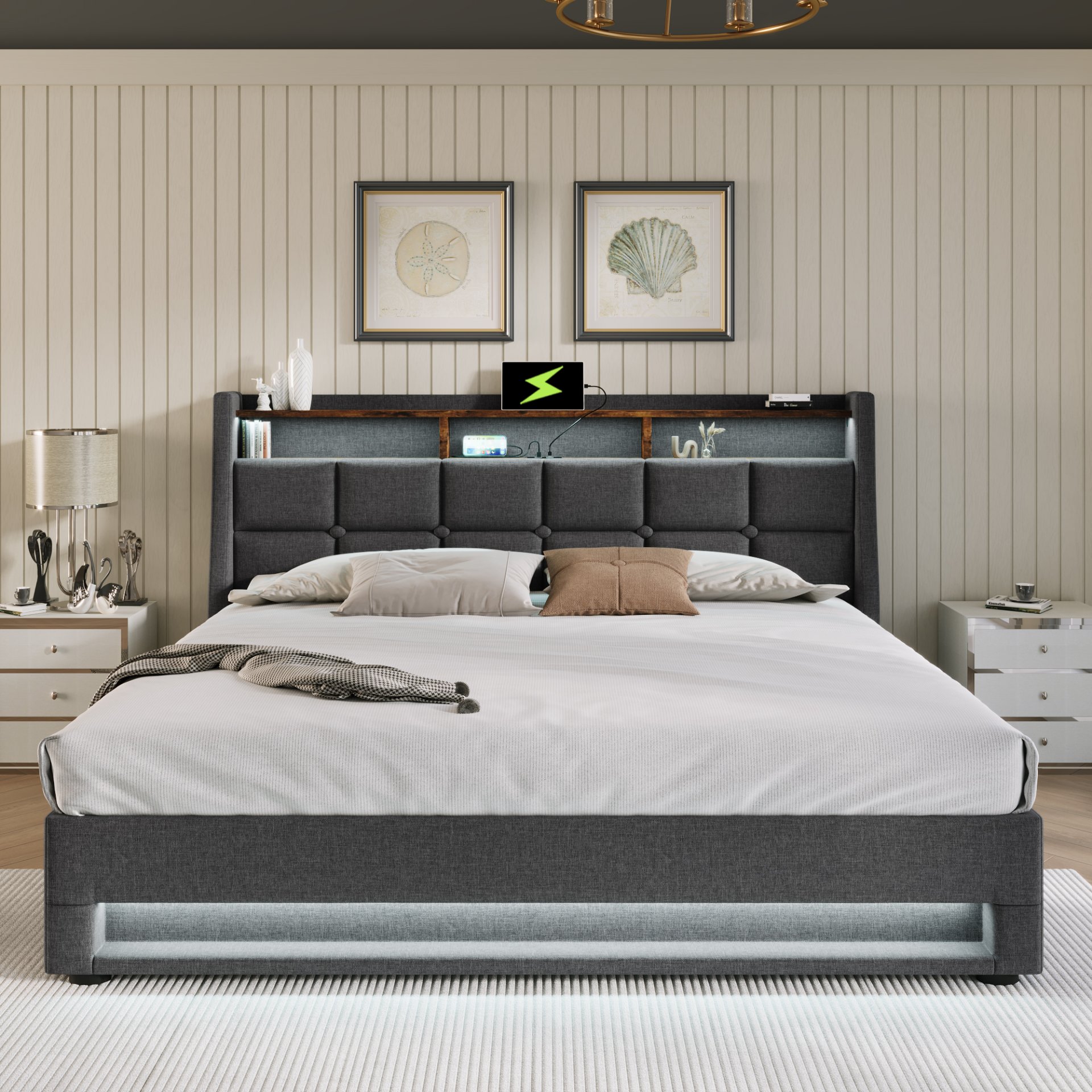 Full Size Upholstered Platform Bed With A Hydraulic Storage System, LED And USB Charging (Without Mattress) - Gray - Image 13