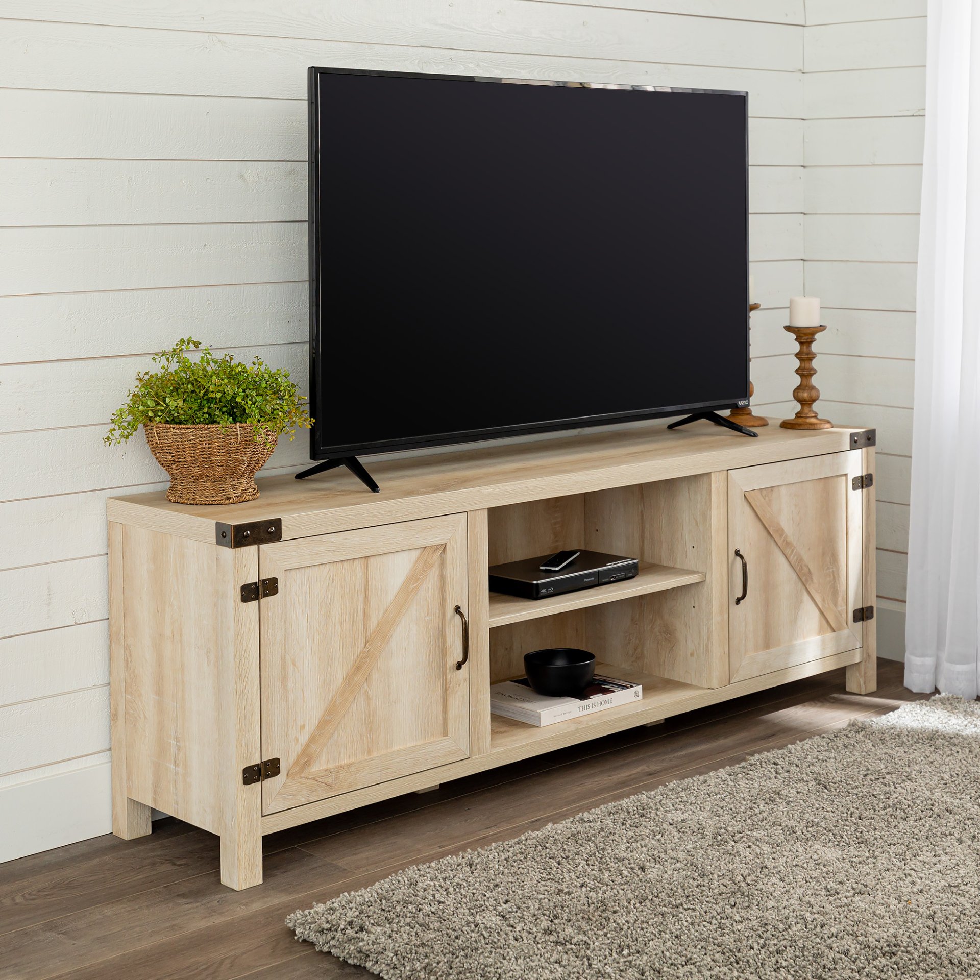 Rustic Farmhouse Double Barn Door 70" TV Stand For 80" TVs With Center Shelves - White Oak - Image 5