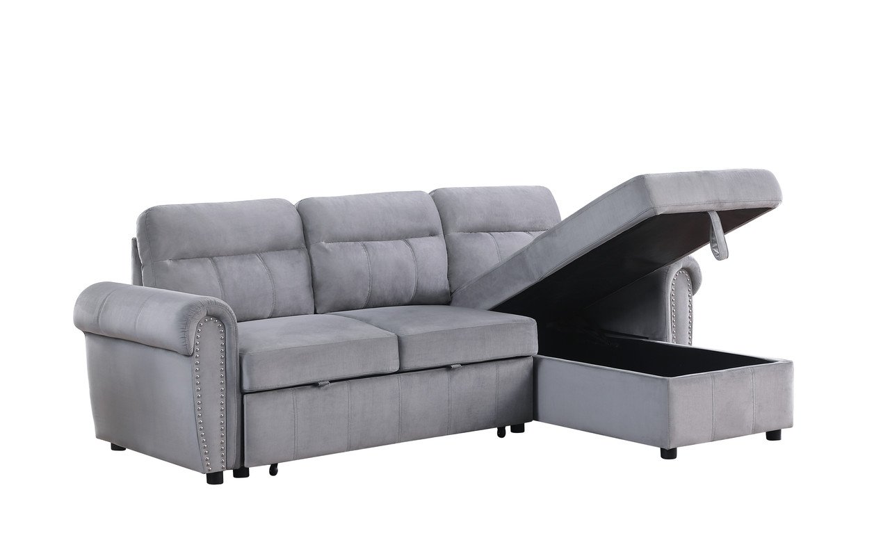 Ashton - Velvet Fabric Reversible Sleeper Sectional Sofa Chaise - Gray - Image 4