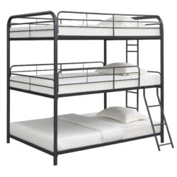 Triple Bunk Bed, Full Size With Sturdy Metal Frame And Safe Stairs - Black