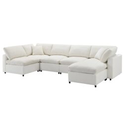 Modern Modular Cloud Sofa Bed, 6 Seat Chenille Sectional Couch Set With Ottoman, Free Combination, Convertible U Shaped Sleeper Sofa - Beige
