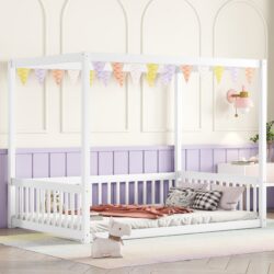 Full Size Canopy Frame Floor Bed With Fence, Guardrails - White