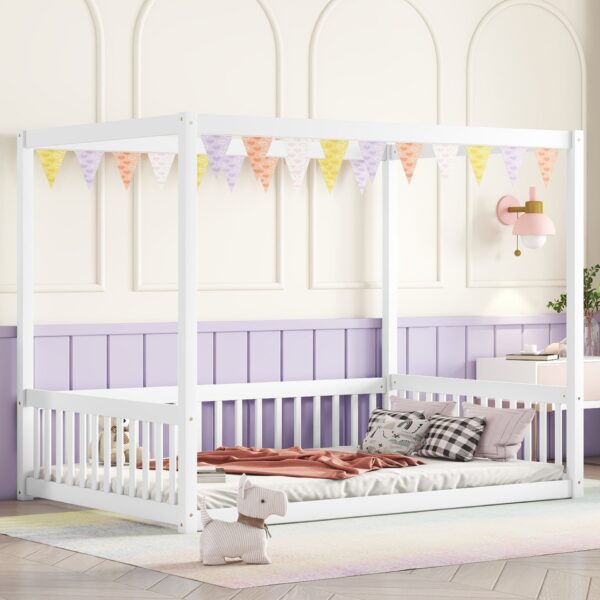 Full Size Canopy Frame Floor Bed With Fence, Guardrails - White