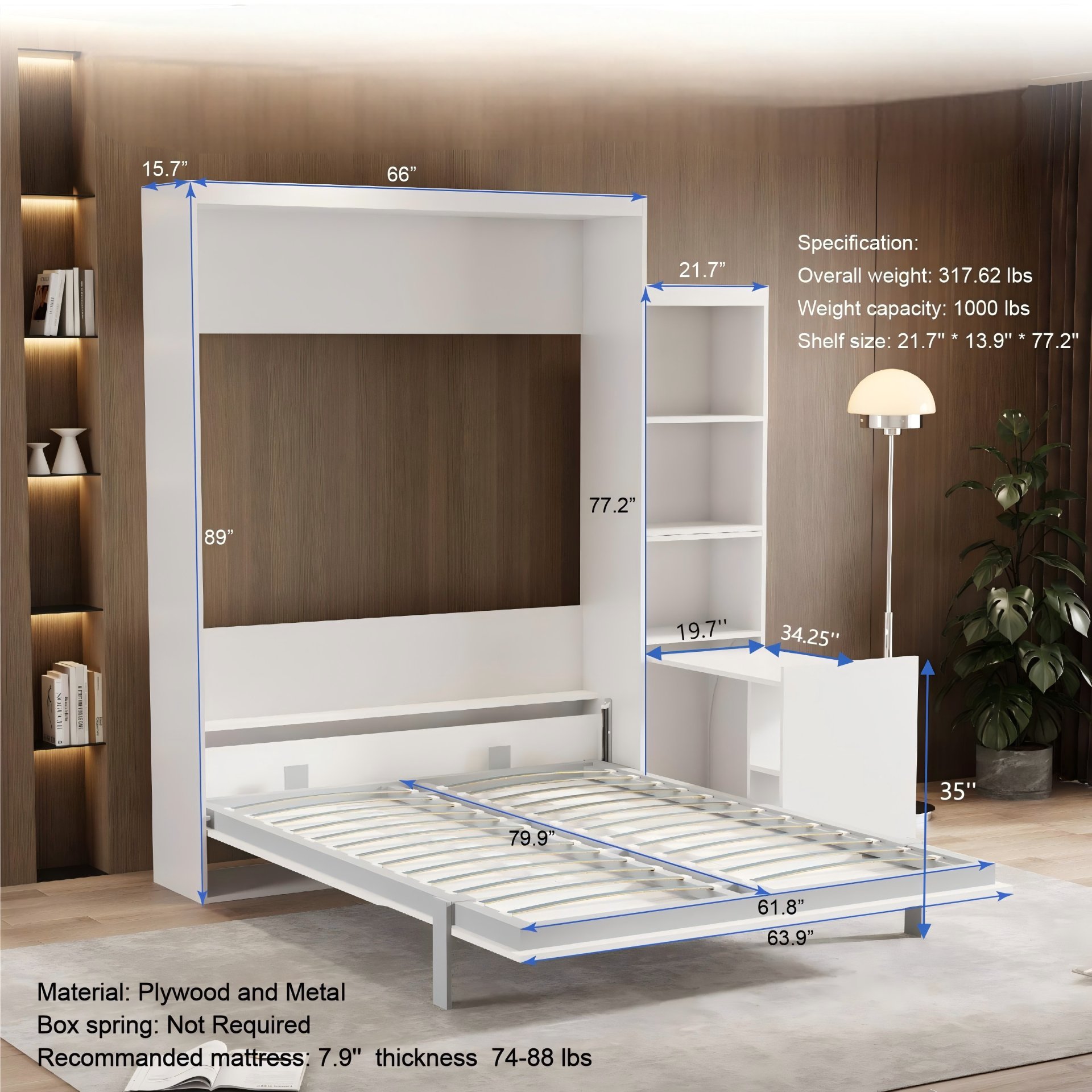 Queen Size Morden Deisgn Big Size Vertical Murphy Bed With Table And Shelf For Bedroom Or Guestroom Wall Bed Space Saving Hidden Bed With New Style Gas Struts - White - Image 3