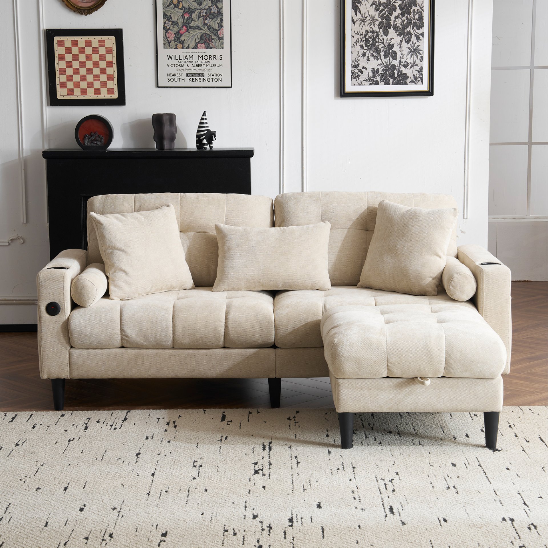 3 Seat L-Shaped Chenille Sofa With Removable And Storage Ottoman, Side Storage, And USB / C - Type Charging Ports Sofa For Living Room, Bedroom, Apartment - Beige - Image 2