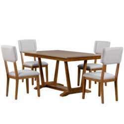 Topmax - 5 Piece Rustic Dining Table Set With 4 Upholstered Chairs, Rectangular Dining Table With Trestle Table Base - Walnut