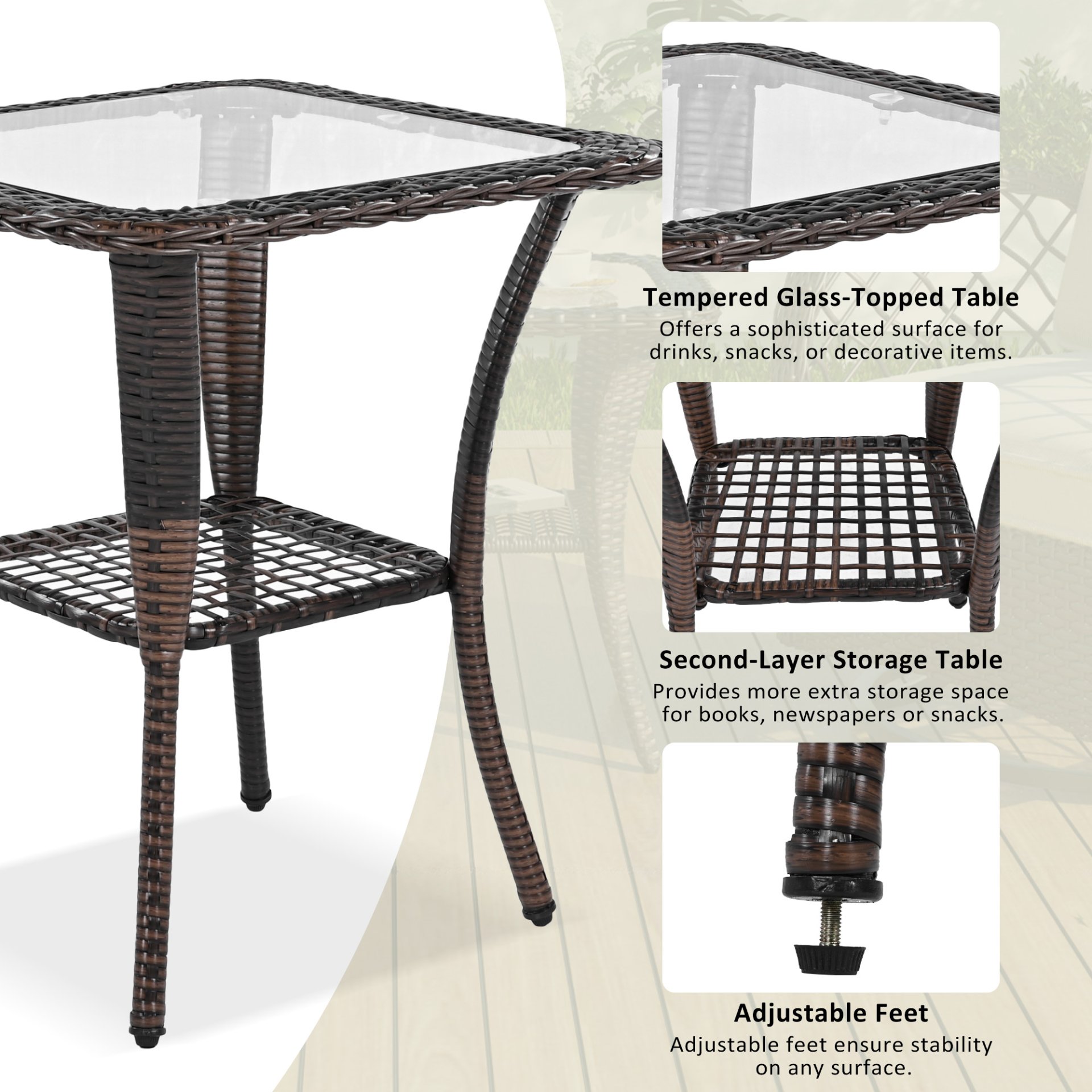 3 Piece Outdoor Chair & Table Set Chat Set 2 Person Rattan Seating Group With 2 Swiveling And Rocking Chairs And A Square Table For Garden, Patio, Or Balcony - Brown - Image 5