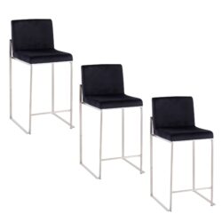 Fuji - Contemporary High Back Counter Stool (Set of 3) - Black - Velvet