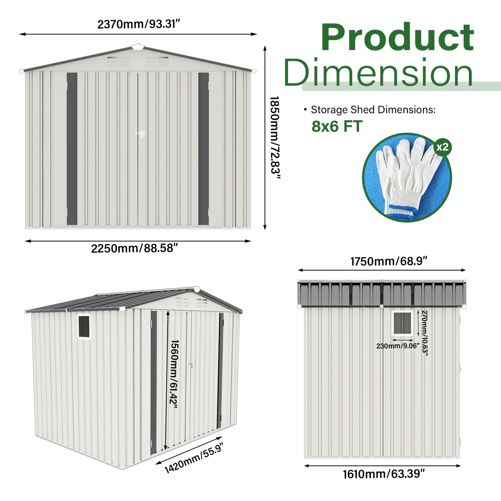 Metal Outdoor Storage Shed 8 X 6 Ft With Pitched Roof And Side Window - White / Gray - Image 3