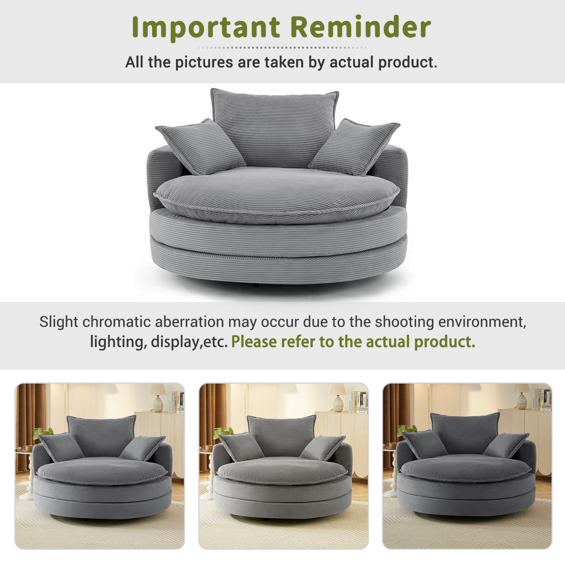 360° Swivel Sofa Chair Accent Barrel Chair With Dual Layer Cushion And 3 Removable Pillows, Corduroy - Gray - Image 8