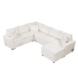 Sectional Sofa Pull-Out Sofa Bed Sleeper With A Storage Ottoman, Three Pillows And Charging Devices For Living Room - Cream