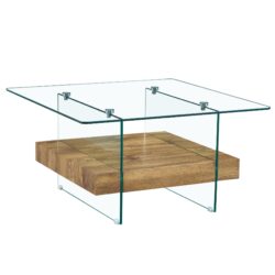Modern 2 Tier Square Coffee Table With Clear Glass And Wood Texture - Natural Wood / Transparent