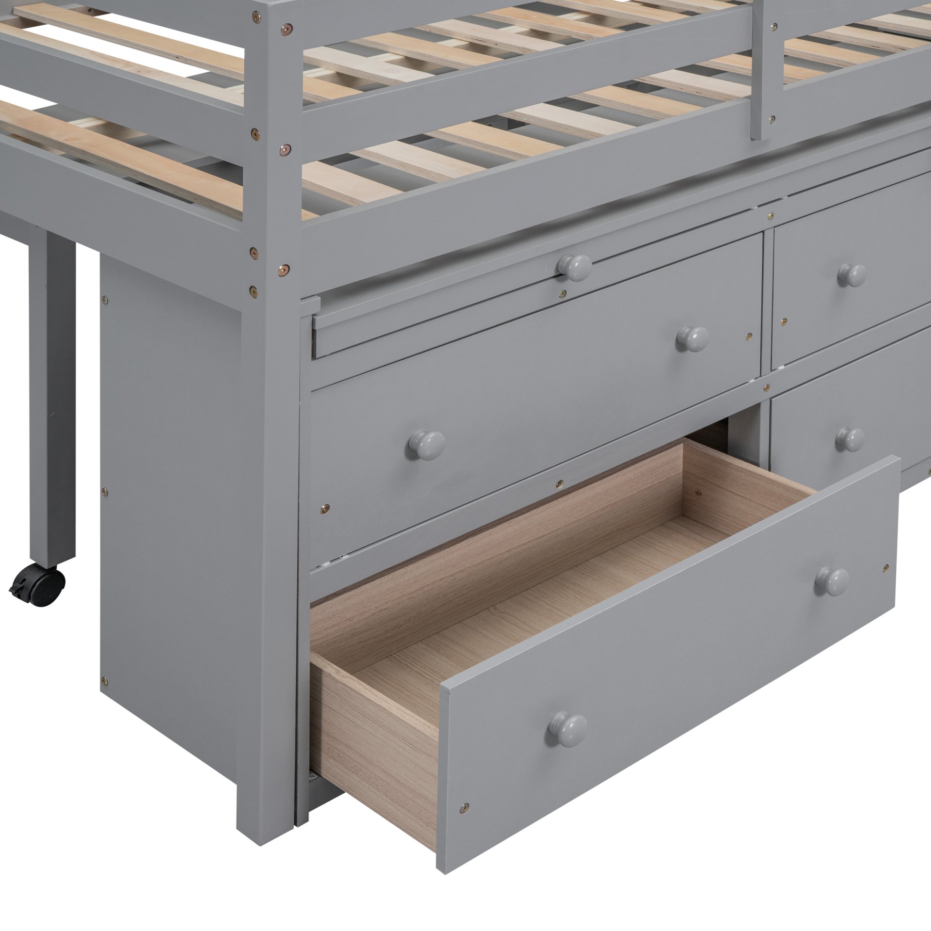Full Size Loft Bed With Retractable Writing Desk And 4 Drawers, With Lateral Portable Desk And Shelves - Gray - Image 11