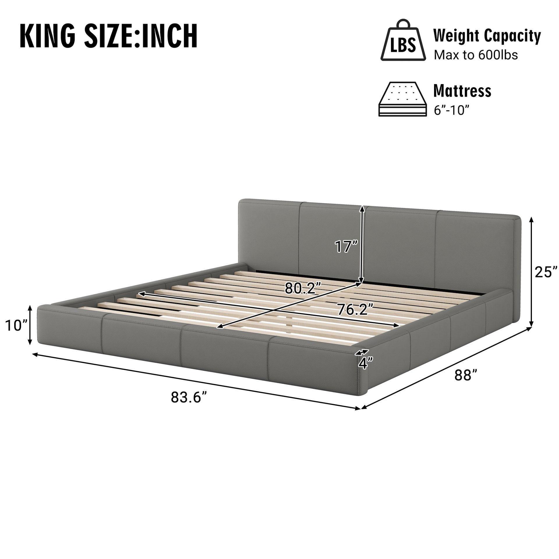 King Size Stylish Upholstered Bed Minimalist Design - Gray - Image 8