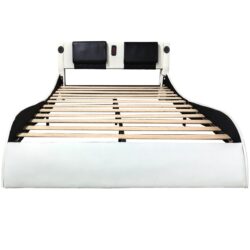 King Size Upholstered Platform Bed Frame With LED Lighting, Bluetooth Connection To Play Music Control, Backrest Vibration Massage, Curve Design, Wood Slat Support, Exhibited Speakers - White