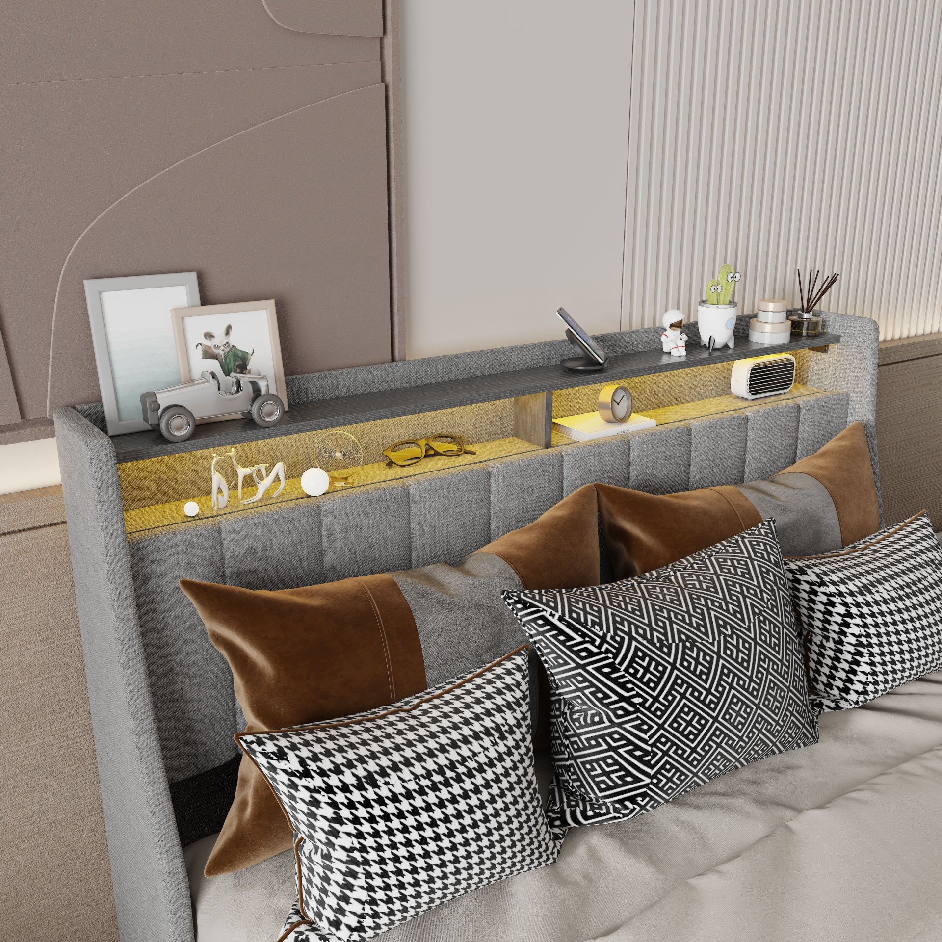 Queen Size Bed Frame With LED Lighting, Winged Headboard With Storage Drawers - Light Gray - Image 5