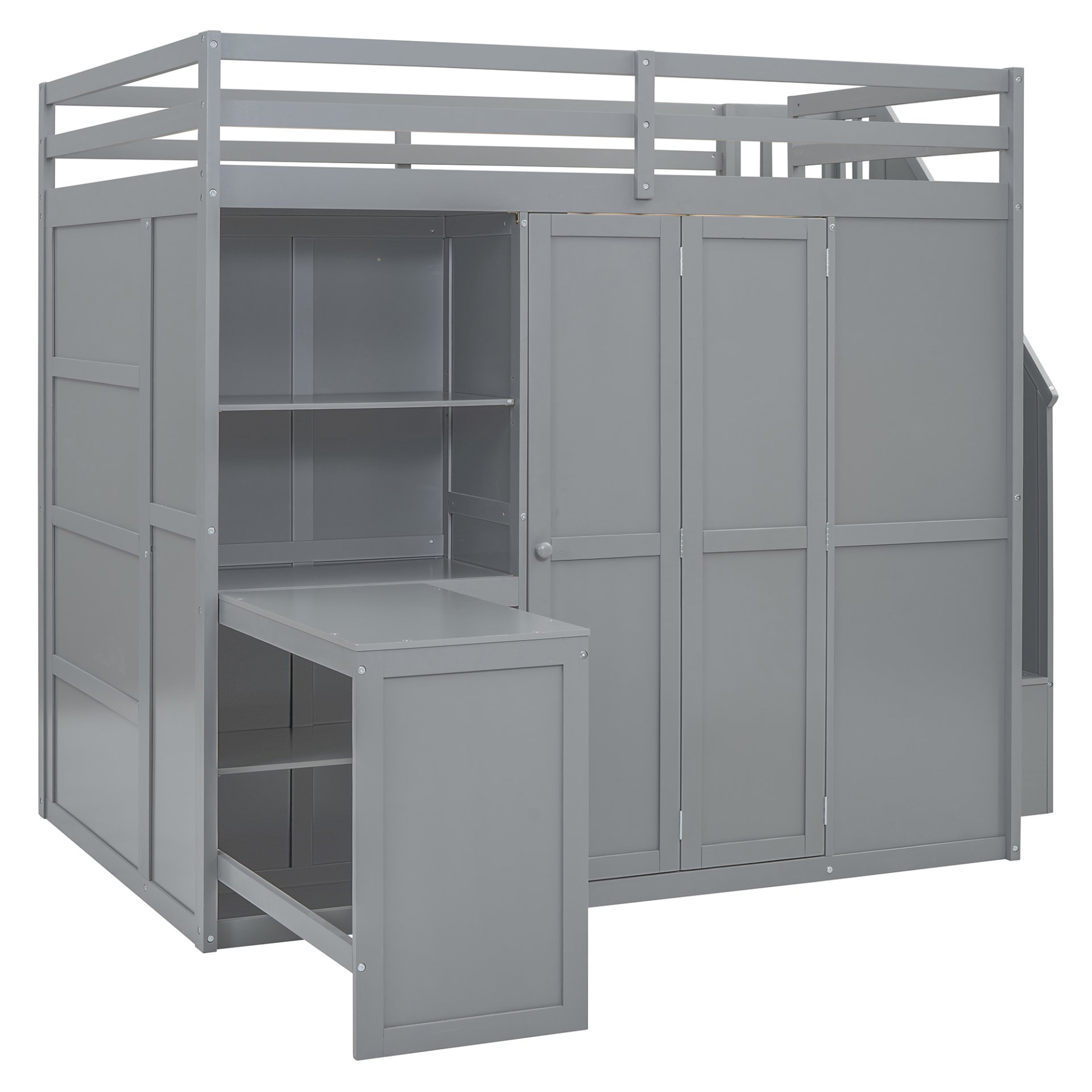 Full Size Loft Bed With Wardrobe, Desk And Shelves - Gray - Image 7