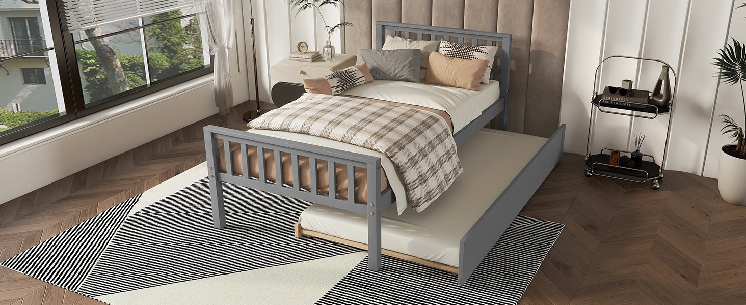 Twin Bed With Trundle, Platform Bed Frame With Headboard And Footboard, For Bedroom Small Living Space, No Box Spring Needed - Gray - Image 9