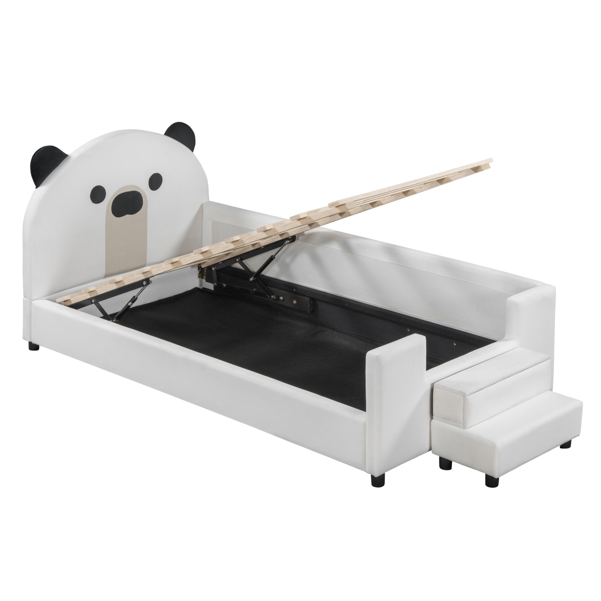 Twin Size Upholstered Daybed With Bear Shaped Headboard, Hydraulic System And Breathable Mesh Fence - White - Image 8