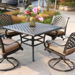 Square 4 Person 43.19" Long Aluminum Dining Set With Dupione Brown Cushions, Swivel And Rocking Chairs - Antique Brown