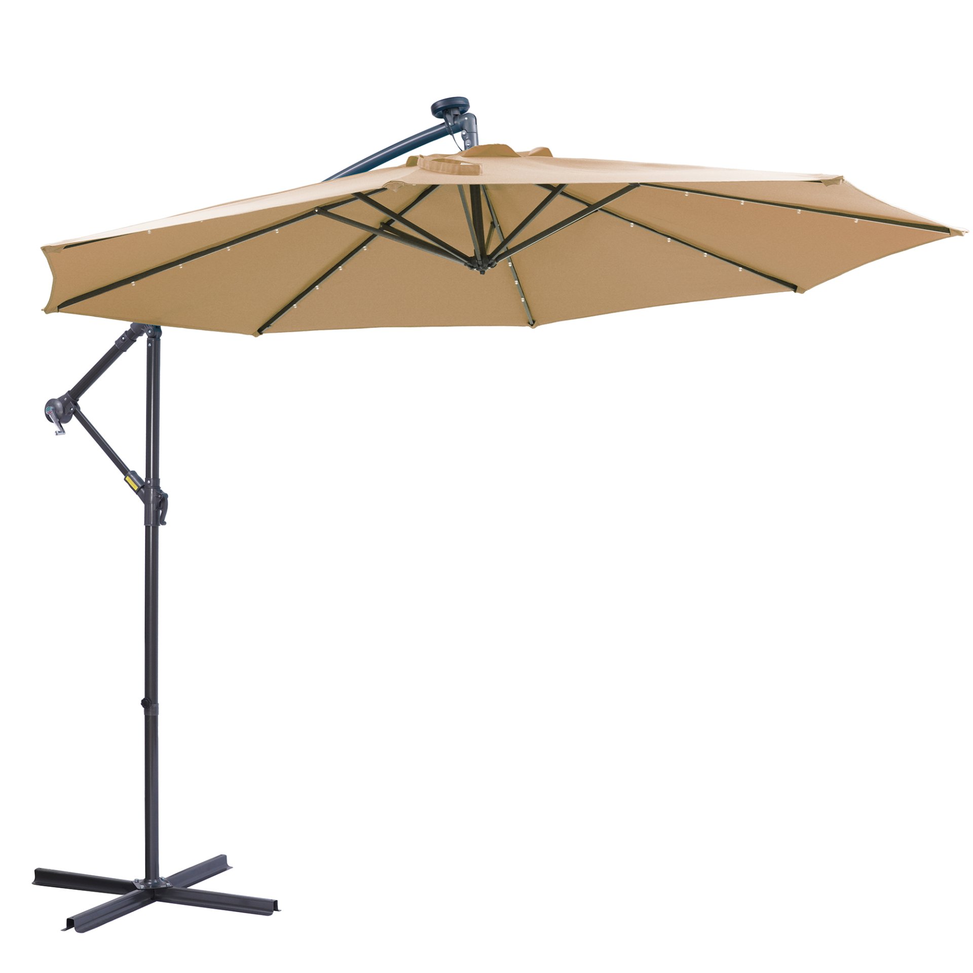 Outdoor Cantilever Patio Umbrella With 32 LED Lights 10 Ft Hanging Design Easy Open Adjustment Metal Frame - Taupe - Image 8