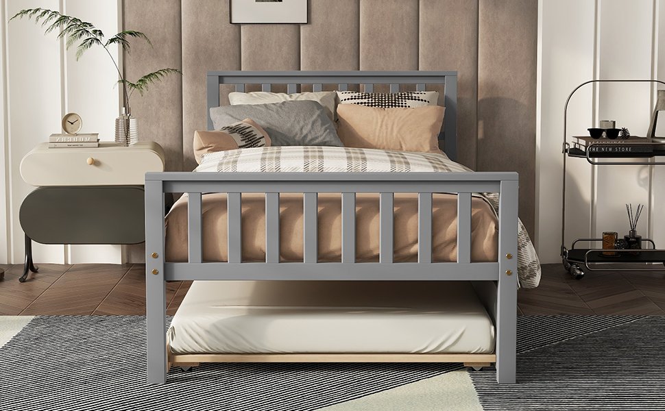 Twin Bed With Trundle, Platform Bed Frame With Headboard And Footboard, For Bedroom Small Living Space, No Box Spring Needed - Gray - Image 6