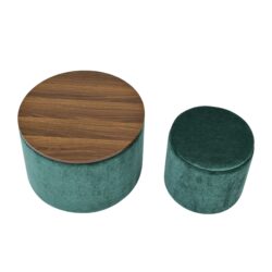 Classic Style 2 Piece Round Chenille Storage Ottoman Set With Drum Shaped Stool, Desktop - Dark Green