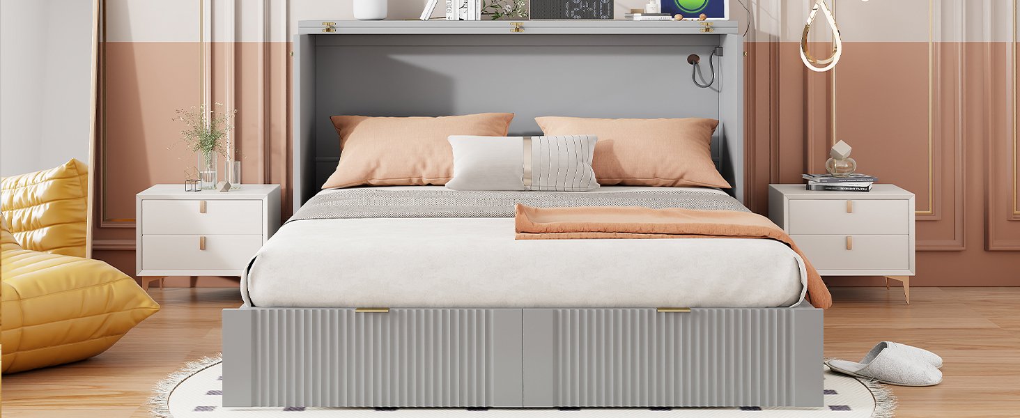 Full Size Murphy Bed With Drawer And A Set Of Sockets & USB Ports, Pulley Structure Design - Gray - Image 22