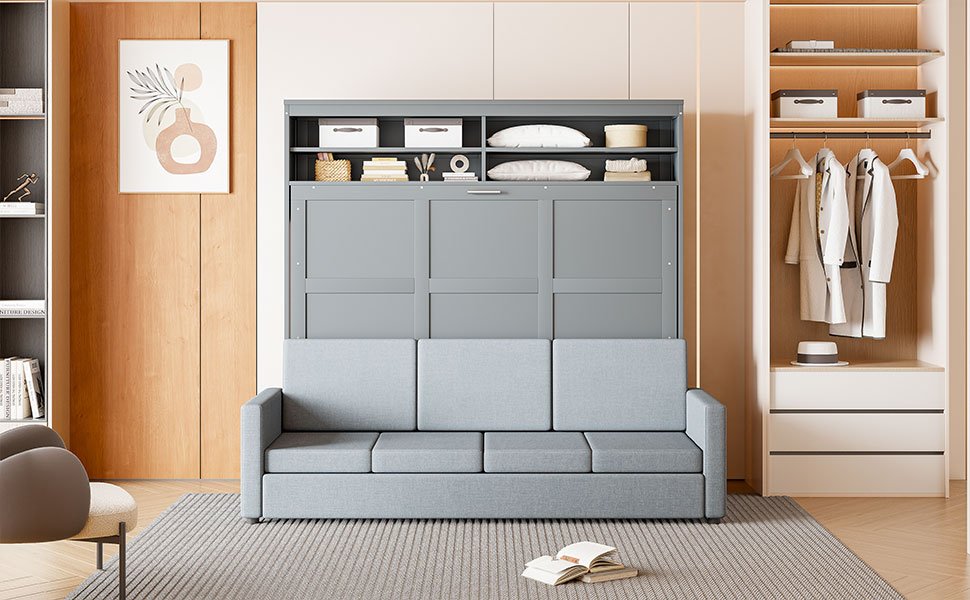 Queen Size Murphy Wall Bed With Sofa - Gray - Image 25
