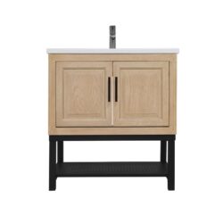 Modern Freestanding 32" Bathroom Vanity With Ceramic Sink, Hot And Cold Faucet, 2 Door Cabinet & Open Iron Shelf, Magnesium Oxide Frame - Natural