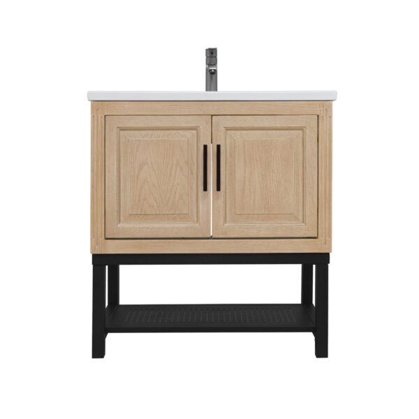 Modern Freestanding 32" Bathroom Vanity With Ceramic Sink, Hot And Cold Faucet, 2 Door Cabinet & Open Iron Shelf, Magnesium Oxide Frame - Natural