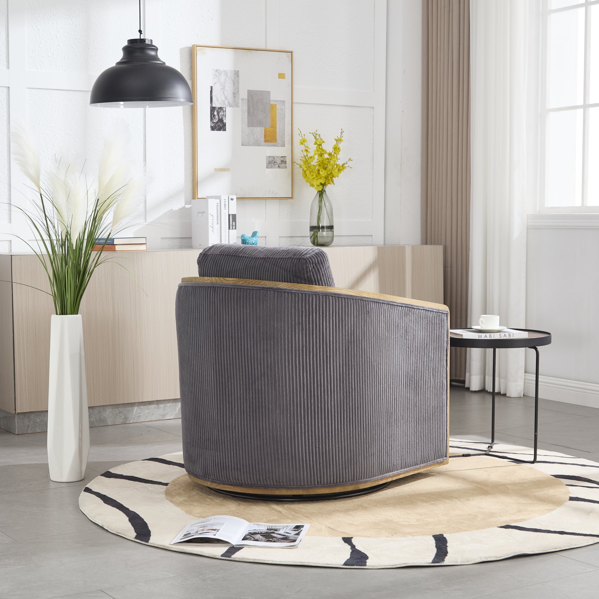 Corduroy Swivel Barrel Chair, Comfortable Accent Sofa, 360 Degree Swivel - Dark Gray - Image 12