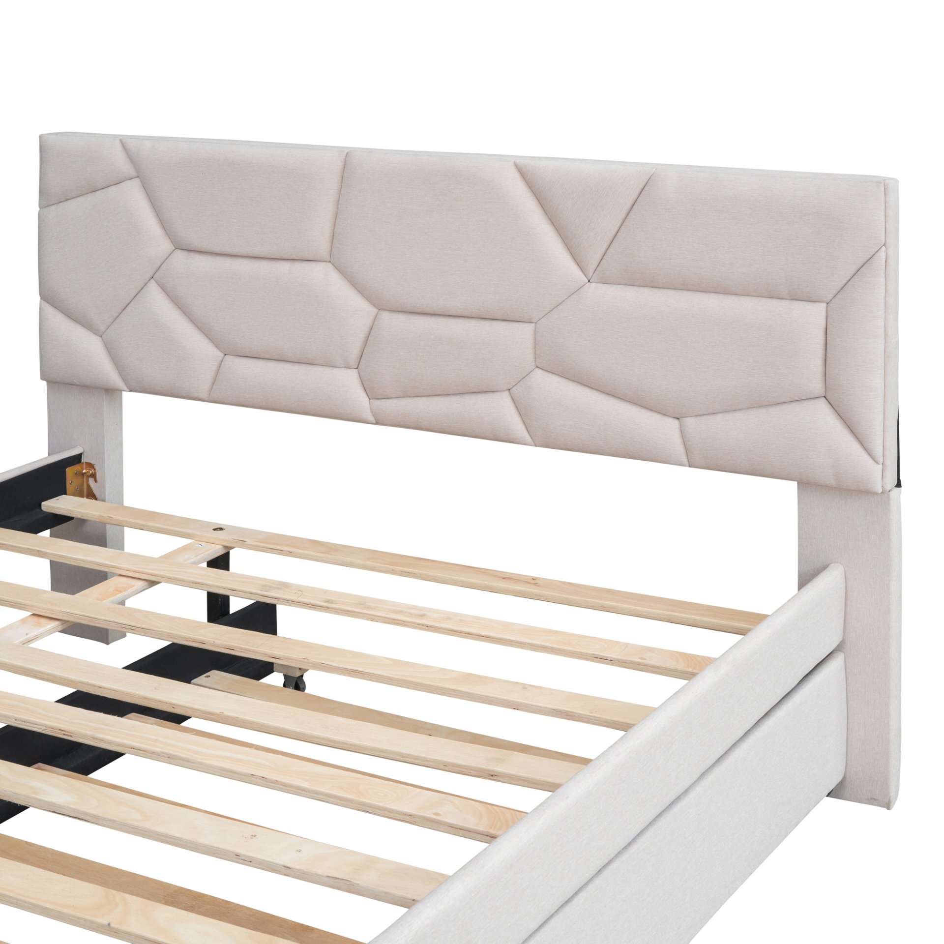 Full Size Upholstered Platform Bed With Brick Pattern Headboard And Twin Size Trundle - Beige - Image 9