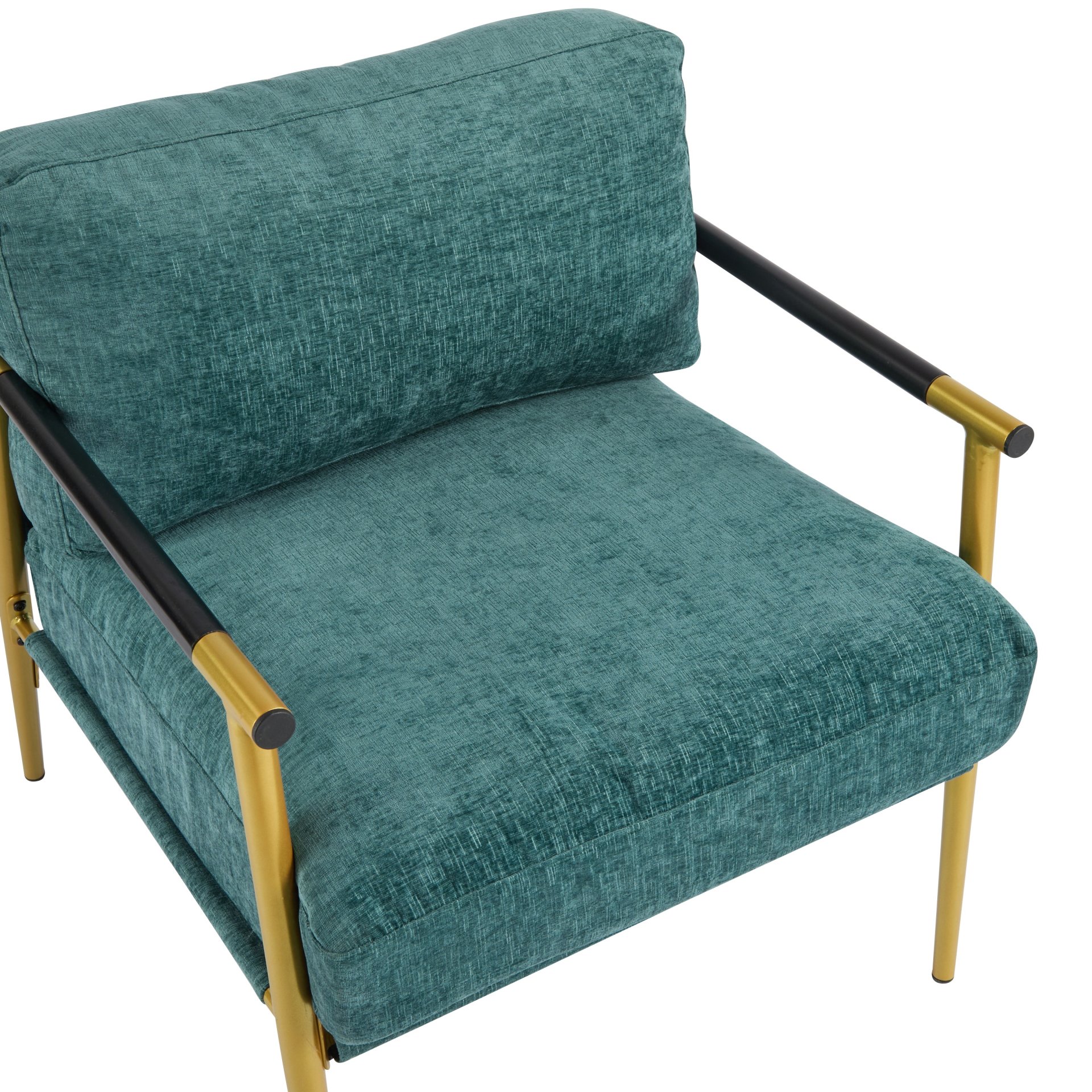 Modern Accent Chair With Plush Cushions, Metal Frame, Wooden Armrests Cozy Seating For Living Room, Bedroom, Office - Gold / Teal Blue - Image 9