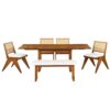 Modern 6 Piece Extendable Dining Table Set With 4 Wicker Back Upholstered Dining Chairs And Long Bench, 2 Removable Leaf - Walnut - Image 11