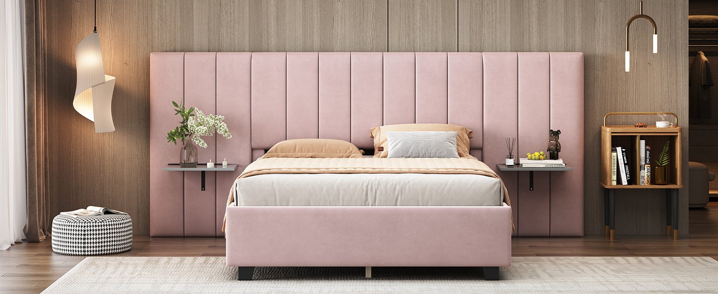 Full Size Upholstered Platform Bed With Big Headboard - Pink - Image 15