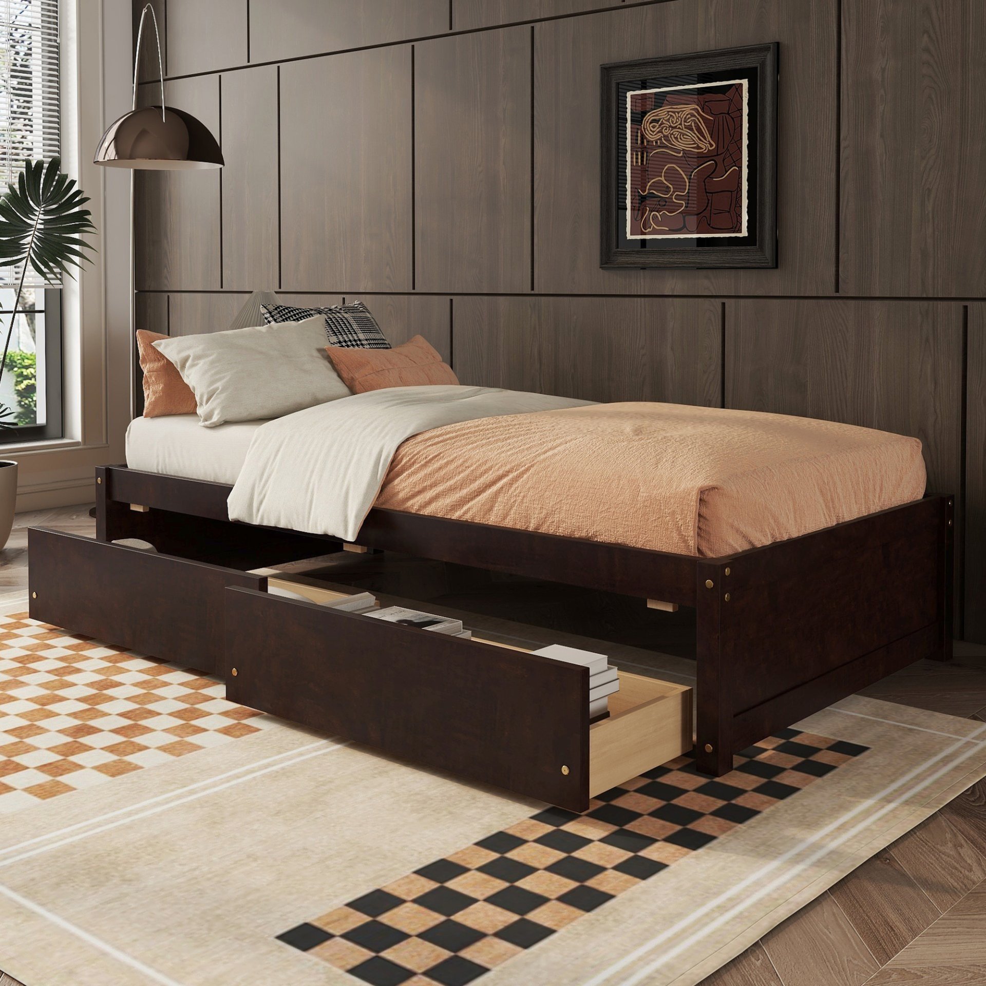 Twin Bed With 2 Drawers, Solid Wood, No Box Spring Needed - Espresso - Image 2