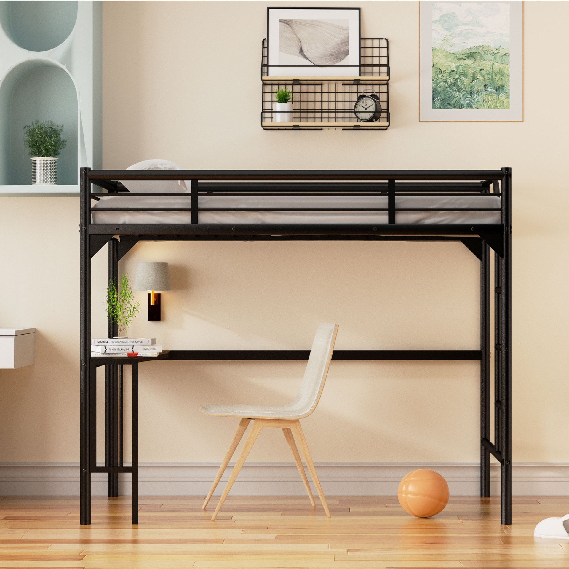 Twin Metal Loft Bed With Desk, Ladder And Guardrails, Bookdesk Under Bed - Black - Image 2
