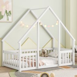 Twin Wood House-Shaped Floor Bed With Fence, Guardrails - White