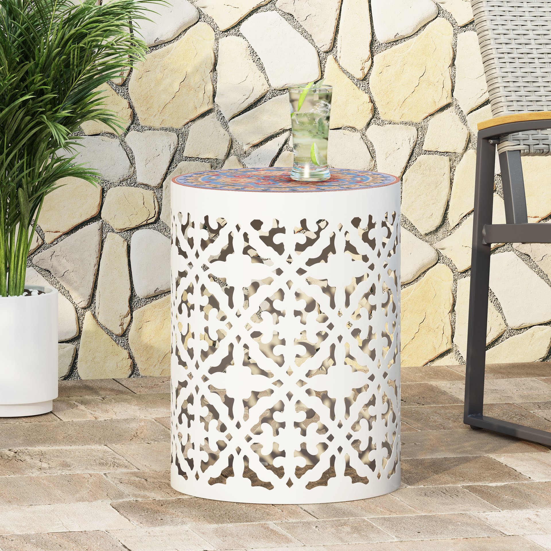 Airy - Outdoor Side Table With Lace Cut Design And Metal Frame - White - Image 8