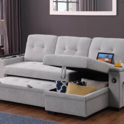 Ashlyn II - Woven Fabric Reversible Sleeper Sectional Sofa With Storage Chaise, Storage Arm, Cup Holder, Charging Ports, Side Pockets, and Pocket Coil Seating - Gray