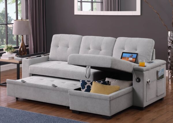 Ashlyn II - Woven Fabric Reversible Sleeper Sectional Sofa With Storage Chaise, Storage Arm, Cup Holder, Charging Ports, Side Pockets, and Pocket Coil Seating - Gray