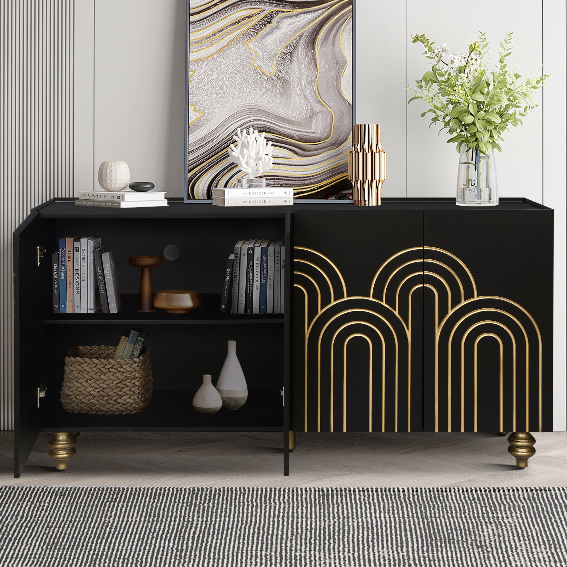 4 Door Cabinet Modern Fluted Sideboard Buffet With Storage, Curve Element With Strict Lines - Black - Image 5