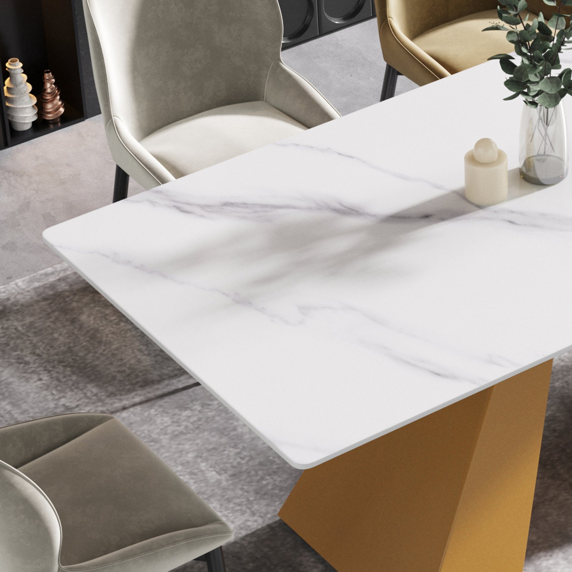 70.87" Modern Artificial Stone White Straight Edge Metal Leg Dining Table - White / Gold - Image 7