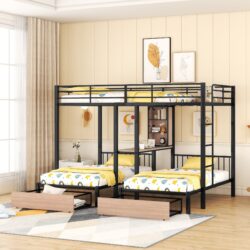 Full Over Twin & Twin Triple Bunk Bed With Drawers, Multi-Functional Frame With Desks And Shelves In The Middle - Black