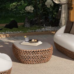 Willow - Oval Woven Patio Coffee Table, Wicker Frame - Wheat Beige / Golden Brown