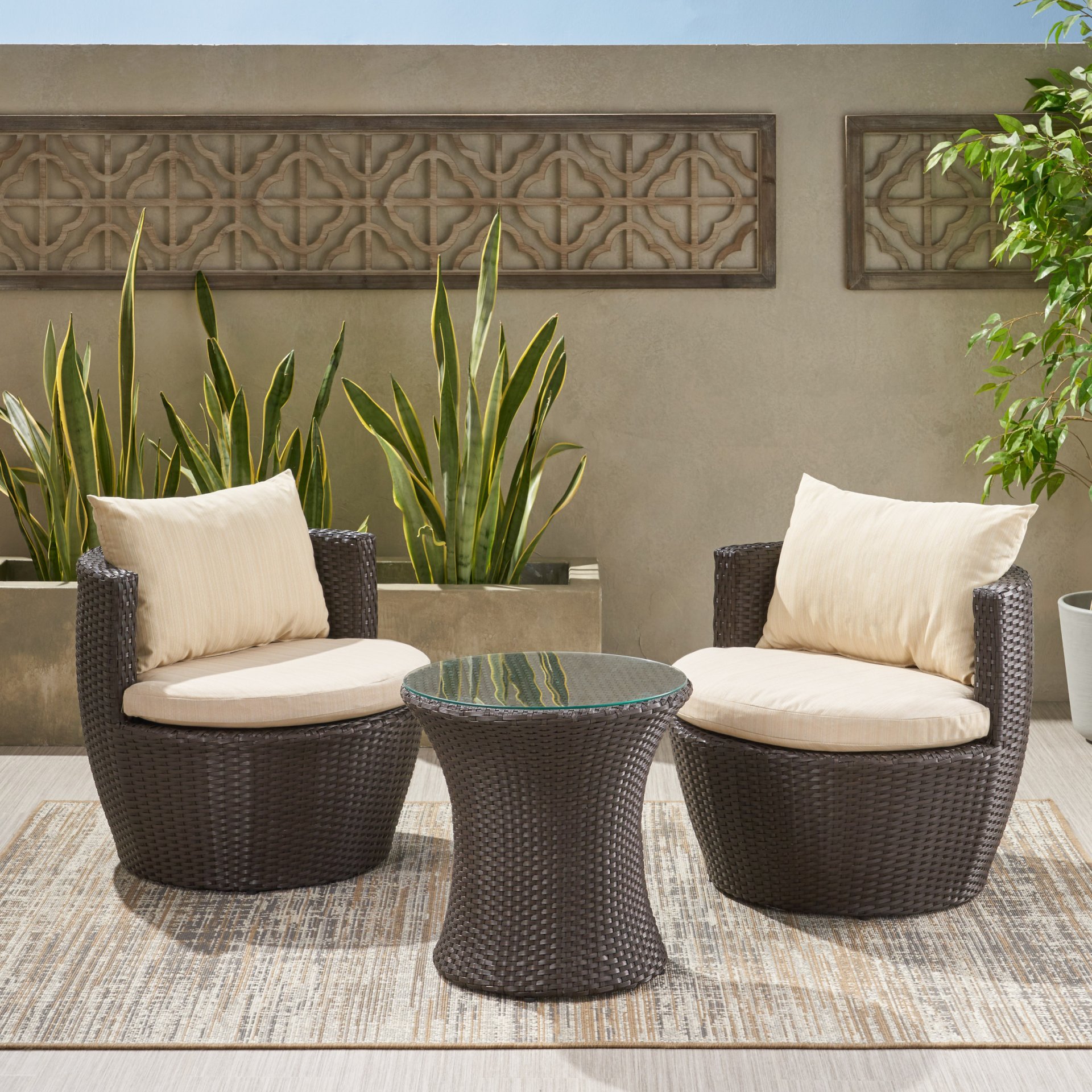Kono - 3 Pieces Chat Set Outdoor Furniture - Brown / Beige - Image 6