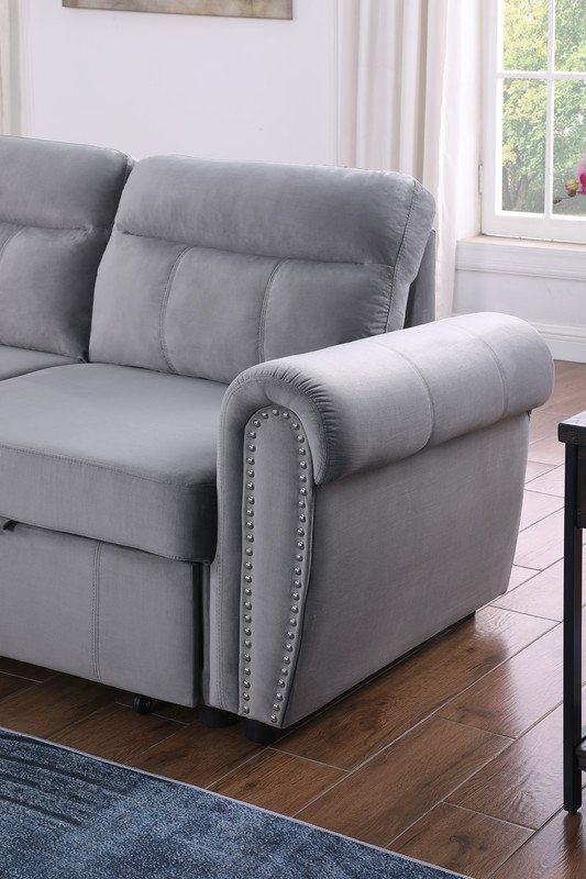 Ashton - Velvet Fabric Reversible Sleeper Sectional Sofa Chaise - Gray - Image 13