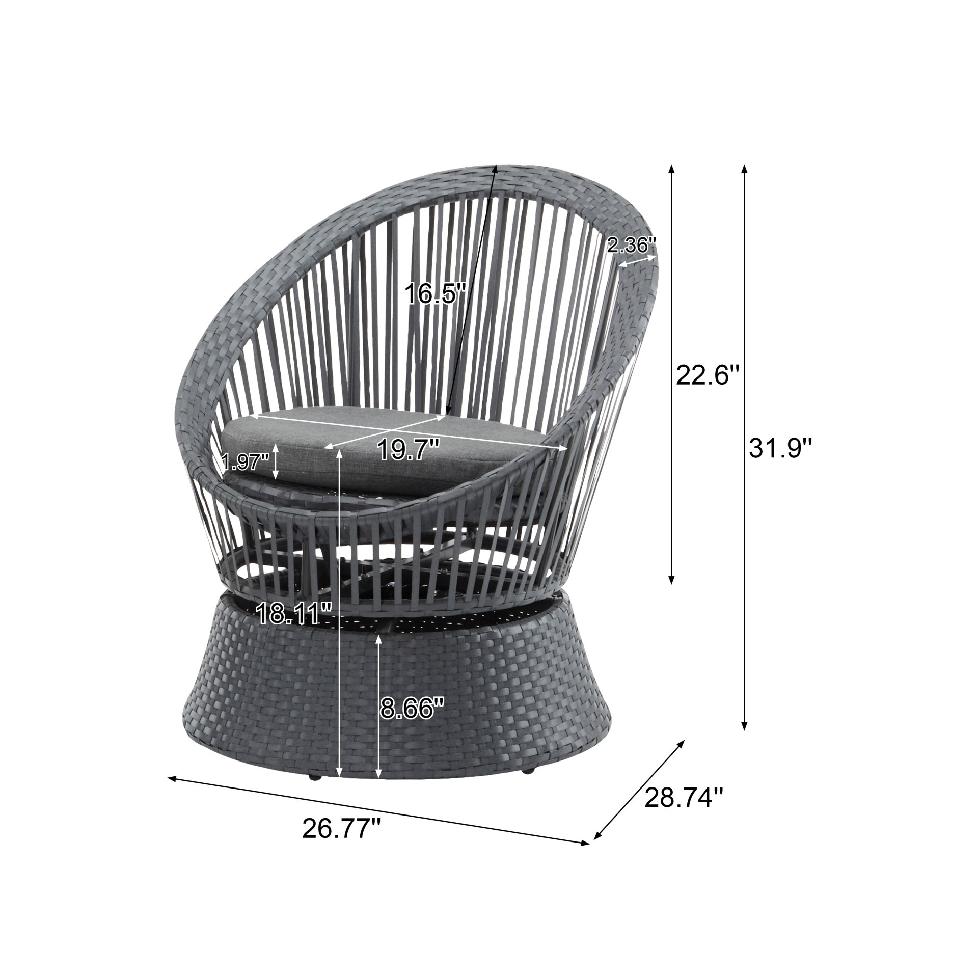 Modern Swivel Wicker Lounge Chair With Pe Rattan And Iron Frame, Round Design - Gray - Image 3